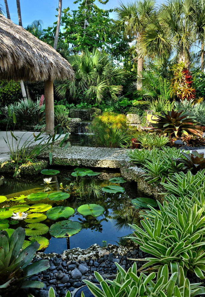 Immagine di un giardino tropicale esposto a mezz'ombra con fontane
