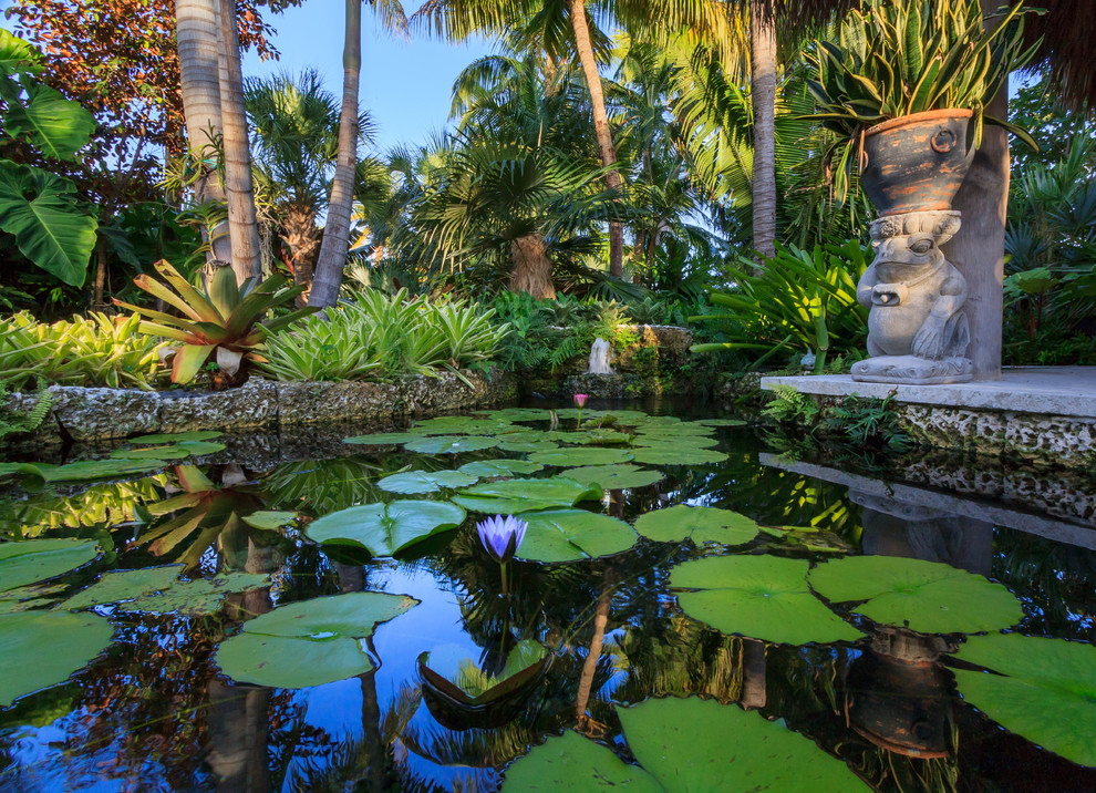 Immagine di un grande giardino tropicale esposto a mezz'ombra nel cortile laterale con fontane