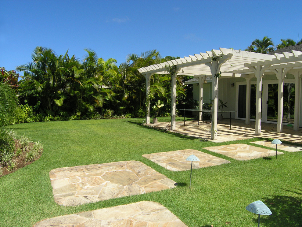 Exemple d'un grand jardin arrière exotique avec une exposition partiellement ombragée et des pavés en pierre naturelle.