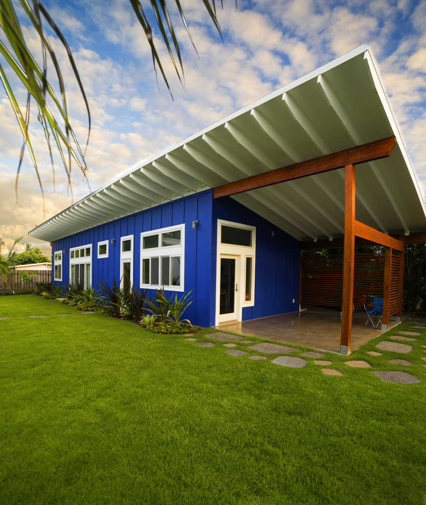 Immagine di un giardino tropicale esposto in pieno sole dietro casa e di medie dimensioni in estate con pavimentazioni in cemento