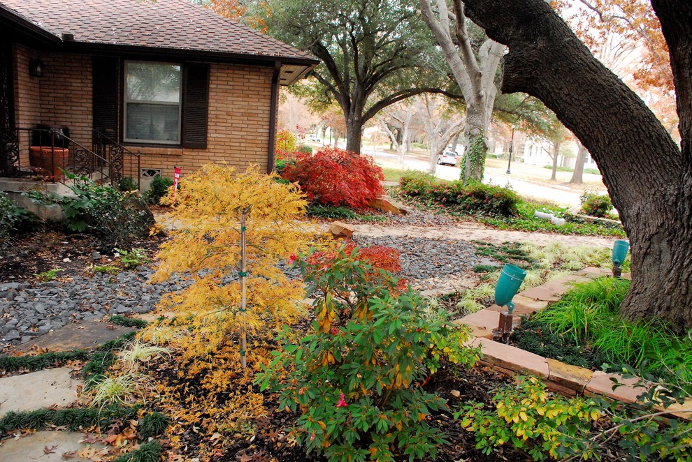 Photo of a mid-sized asian partial sun front yard gravel landscaping in Dallas for fall.