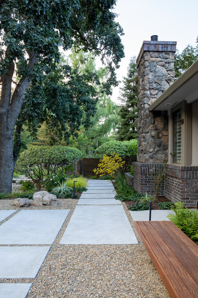 Immagine di un grande giardino formale moderno esposto a mezz'ombra davanti casa in estate con un ingresso o sentiero e pavimentazioni in cemento
