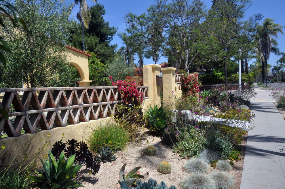 This is an example of a mediterranean drought-tolerant front yard landscaping in San Diego.