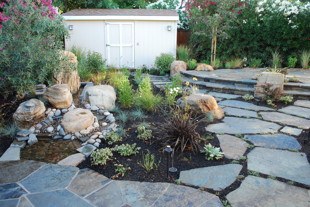Design ideas for a contemporary backyard water fountain landscape in San Francisco.