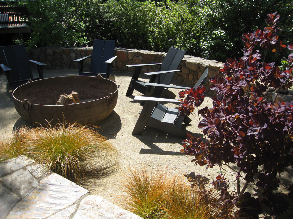 Ejemplo de jardín contemporáneo de tamaño medio en verano en patio trasero con brasero y exposición parcial al sol
