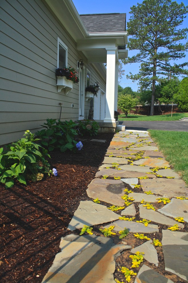 Imagen de camino de jardín tradicional de tamaño medio en verano en patio lateral con exposición total al sol y adoquines de piedra natural