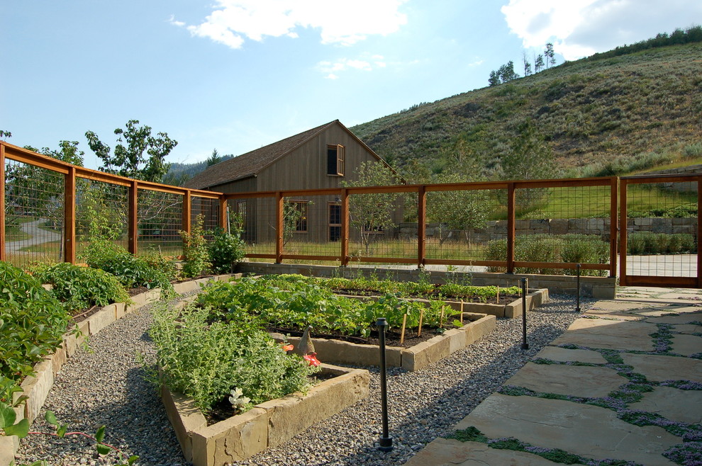 Идея дизайна: солнечный огород на участке в стиле кантри с хорошей освещенностью и покрытием из гравия