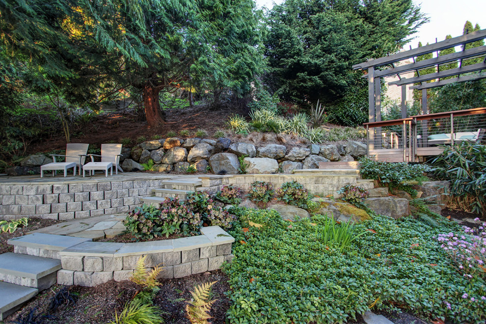 Photo of a mid-sized transitional drought-tolerant and shade backyard concrete paver retaining wall landscape in Seattle.