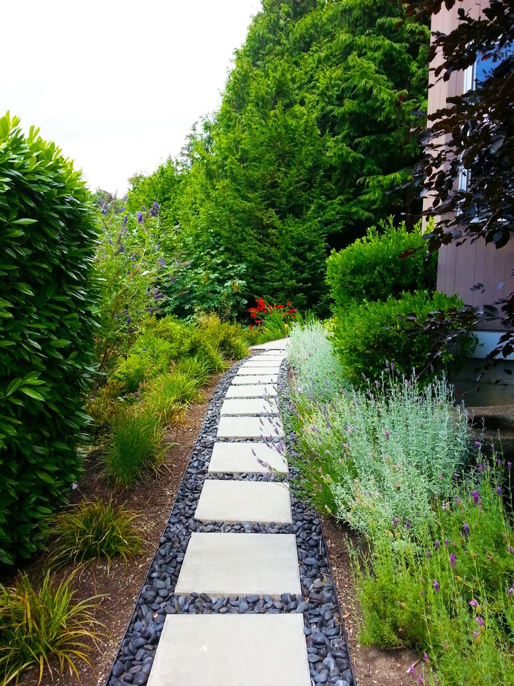 Immagine di un giardino xeriscape contemporaneo in ombra di medie dimensioni e dietro casa con pavimentazioni in pietra naturale