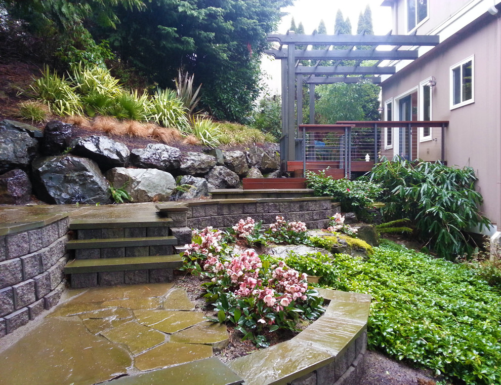 Esempio di un giardino tradizionale in ombra di medie dimensioni e dietro casa con un muro di contenimento e pavimentazioni in pietra naturale