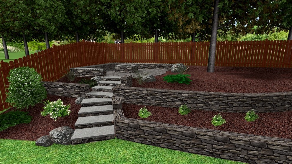 Diseño de jardín rústico en patio trasero con muro de contención, exposición parcial al sol y adoquines de piedra natural