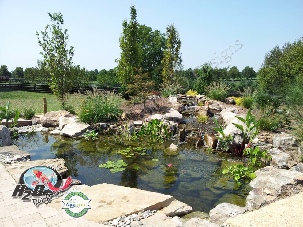 Idee per un grande laghetto da giardino classico esposto in pieno sole dietro casa con pavimentazioni in mattoni