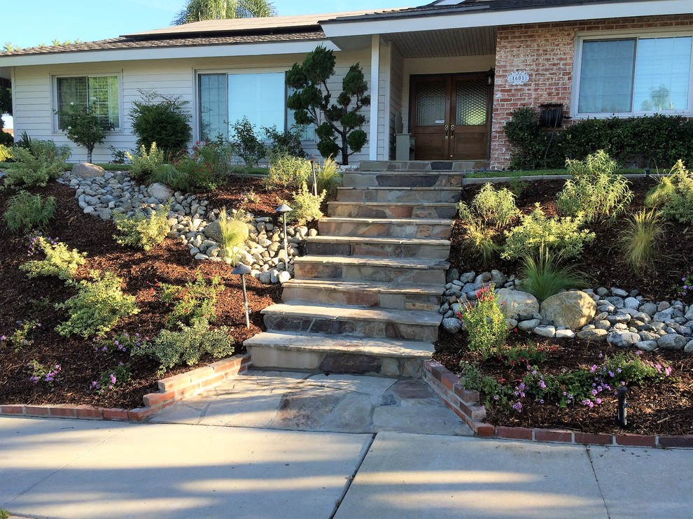 Immagine di un giardino xeriscape stile americano esposto a mezz'ombra di medie dimensioni e davanti casa in estate con un ingresso o sentiero e pavimentazioni in mattoni