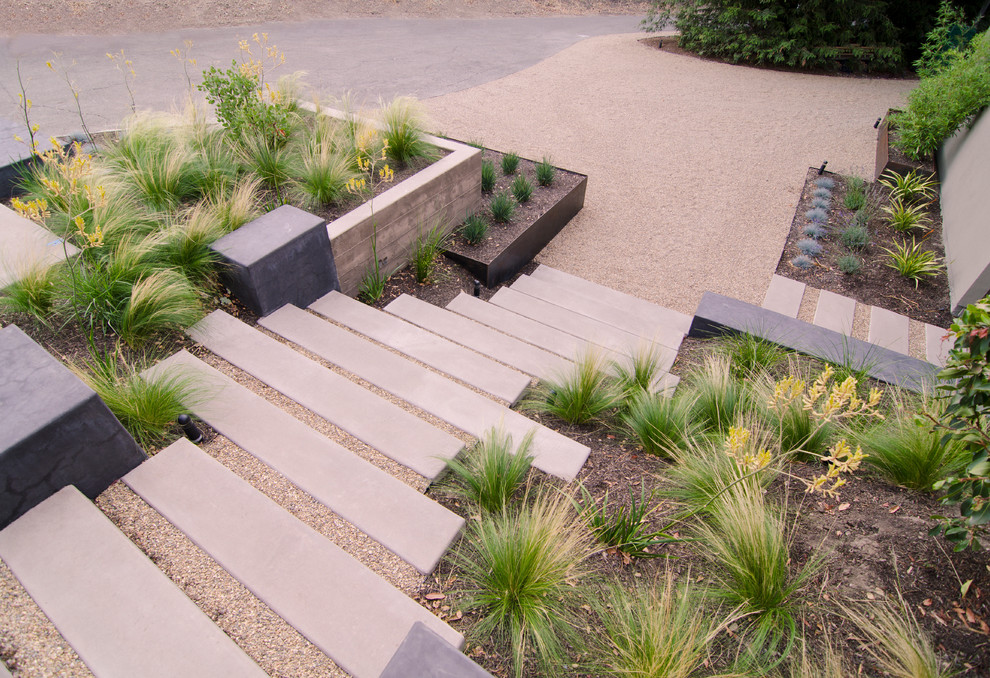 Immagine di un grande giardino xeriscape moderno esposto in pieno sole con un pendio, una collina o una riva, un muro di contenimento e ghiaia