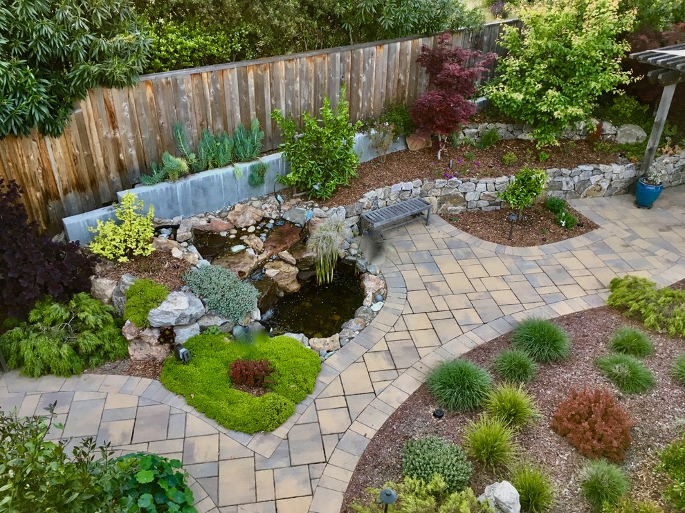 Photo of a large contemporary back xeriscape partial sun garden in San Francisco with concrete paving and a pond.
