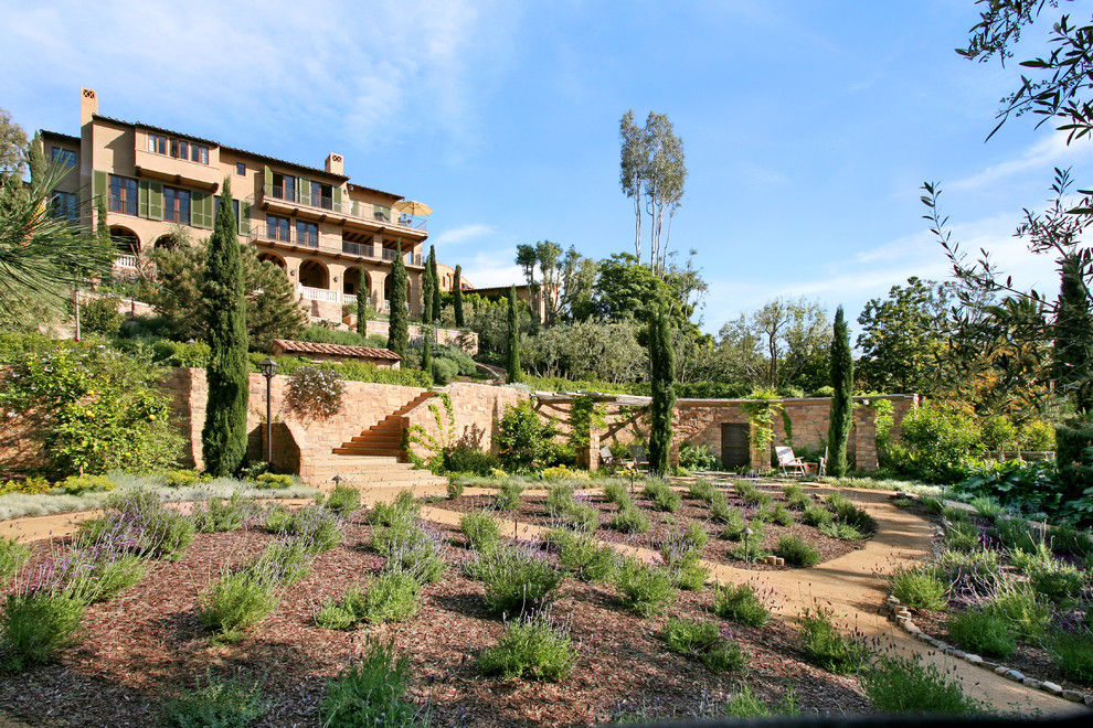 Esempio di un ampio giardino mediterraneo esposto in pieno sole dietro casa in estate con un ingresso o sentiero e pacciame