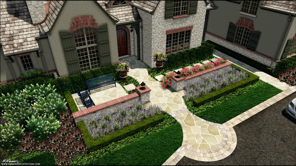 Idée de décoration pour un aménagement d'entrée ou allée de jardin avant tradition avec des pavés en pierre naturelle.