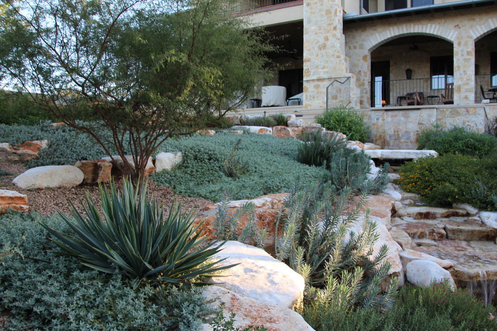Immagine di un grande giardino xeriscape mediterraneo esposto in pieno sole dietro casa in estate con un ingresso o sentiero e pavimentazioni in pietra naturale