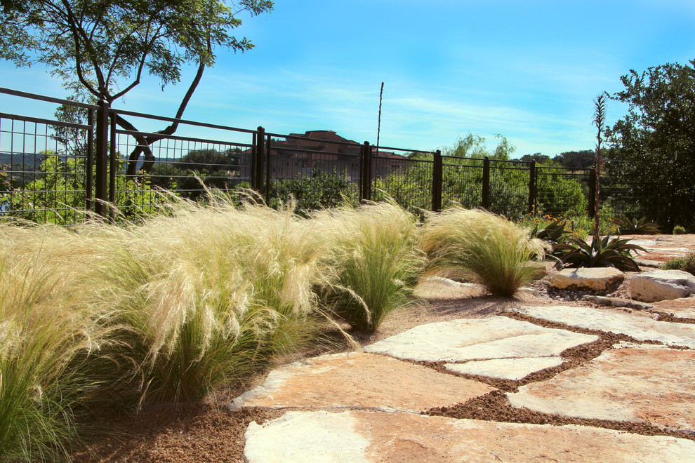 Foto di un grande giardino xeriscape mediterraneo esposto in pieno sole dietro casa in estate con pavimentazioni in pietra naturale
