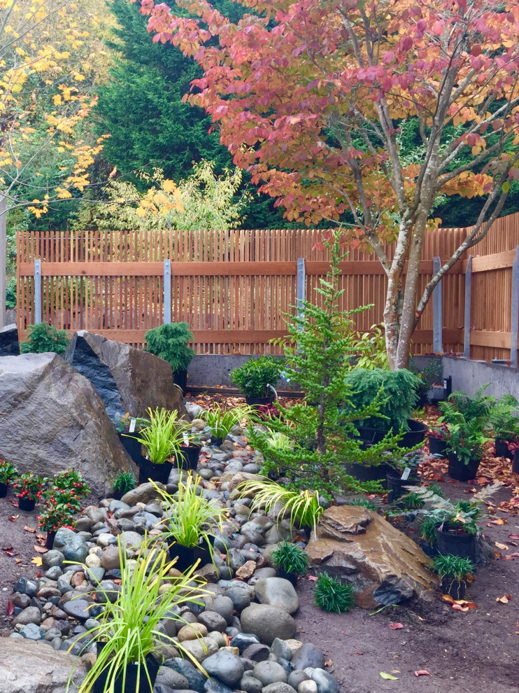 Aménagement d'un petit jardin moderne l'hiver avec pierres et graviers, une exposition partiellement ombragée et des galets de rivière.