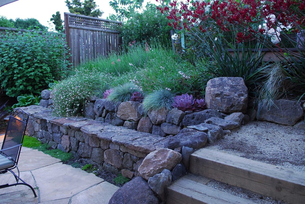 Photo of a medium sized rustic sloped formal partial sun garden in San Francisco with a retaining wall and natural stone paving.