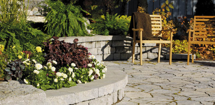 Стильный дизайн: огромный солнечный регулярный сад на заднем дворе в стиле рустика с подпорной стенкой, хорошей освещенностью и мощением тротуарной плиткой - последний тренд