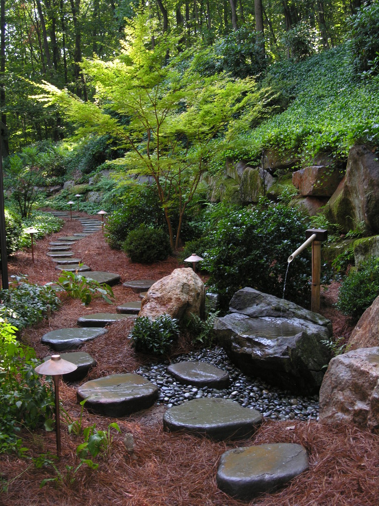 Inredning av en klassisk stor trädgård, med en fontän