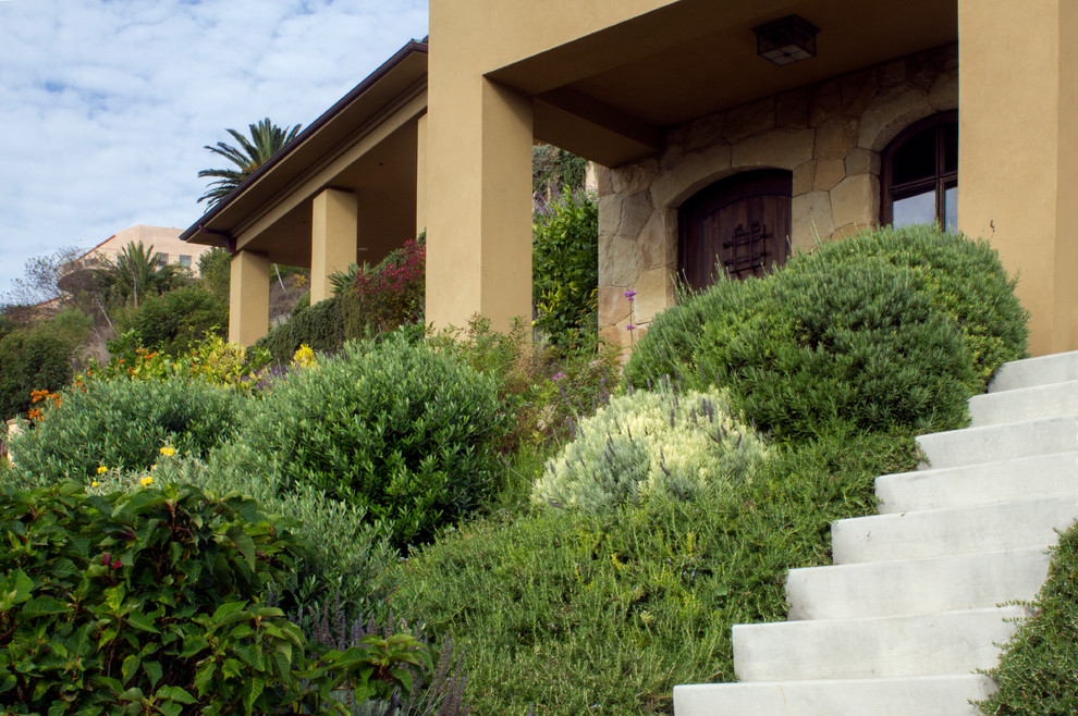 Diseño de jardín mediterráneo de tamaño medio en verano en patio delantero con muro de contención, exposición total al sol, adoquines de piedra natural y jardín francés