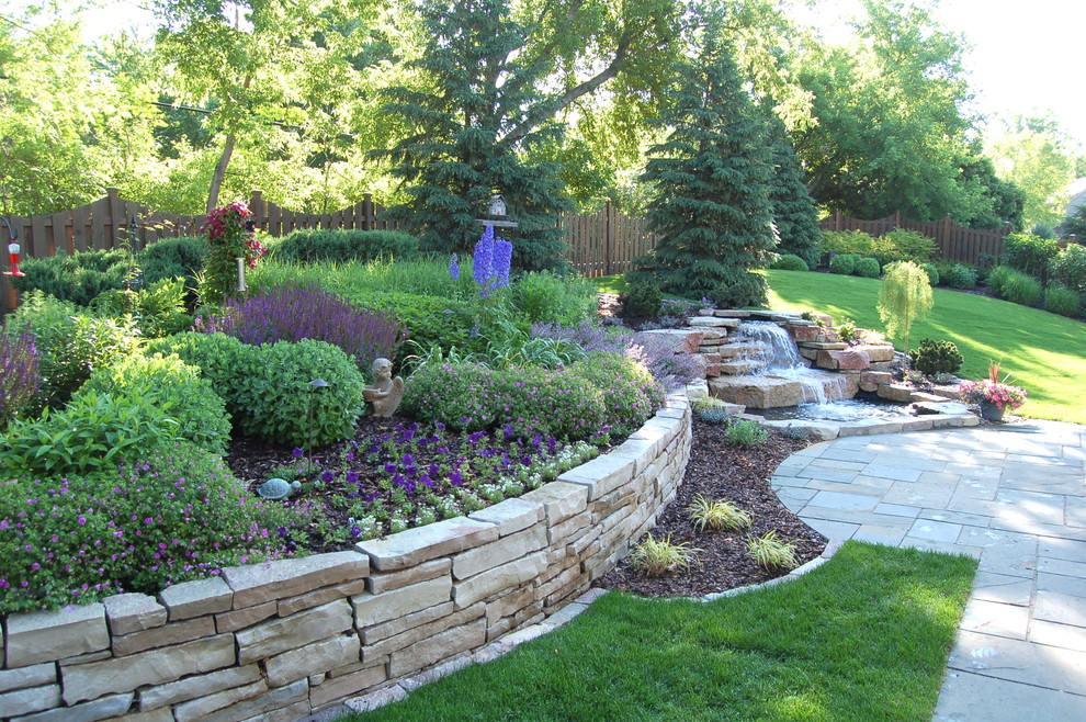 Inspiration for a mid-sized transitional shade backyard concrete paver pond in Minneapolis.