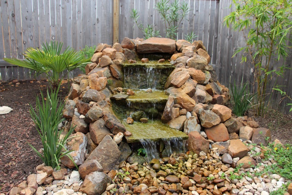 Idées déco pour un jardin arrière exotique de taille moyenne avec un point d'eau, un paillis et une exposition partiellement ombragée.