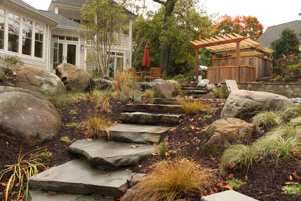 Design ideas for a mid-sized traditional backyard stone landscaping in Baltimore.