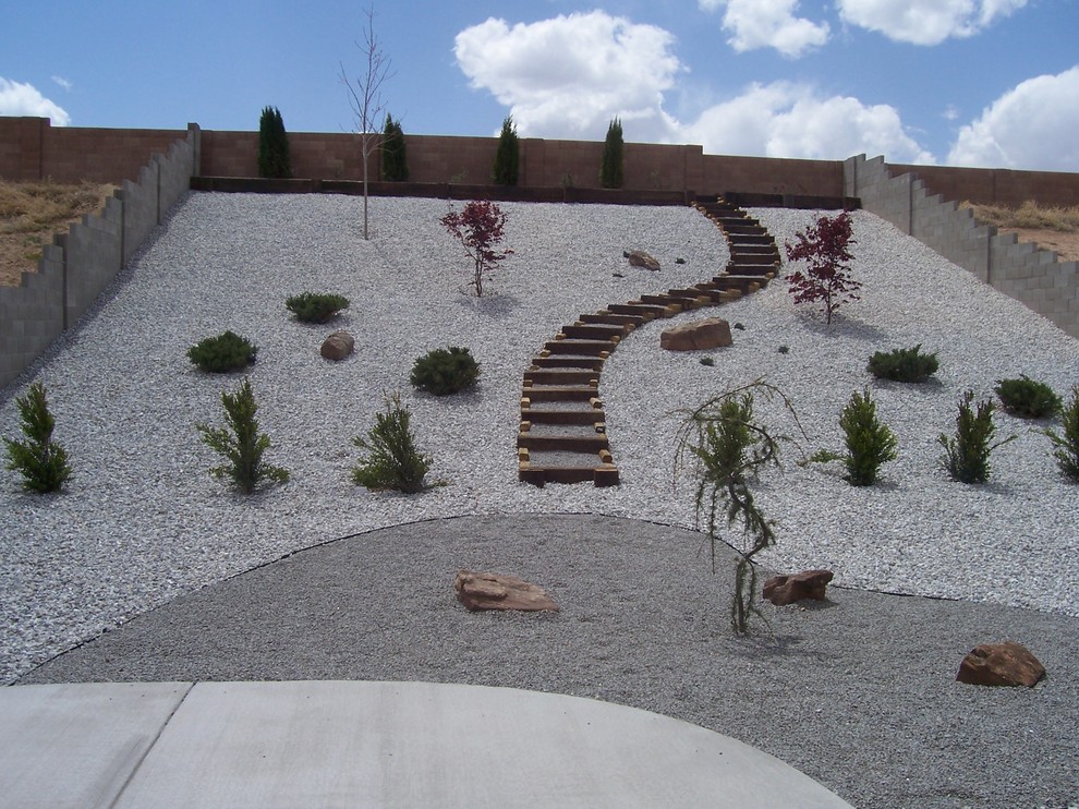 Large traditional back xeriscape full sun garden for summer in Albuquerque with gravel and a desert look.