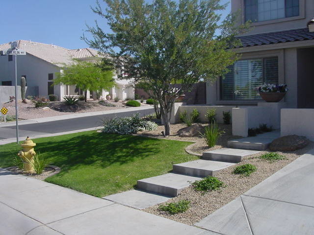 Imagen de camino de jardín de estilo americano pequeño en verano en patio delantero con exposición total al sol y gravilla