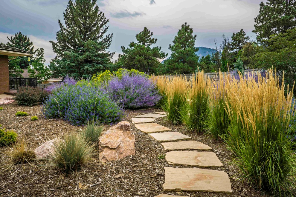 Photo of a medium sized classic back xeriscape full sun garden in Denver with natural stone paving.