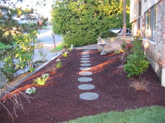 Design ideas for a small front partial sun garden in Seattle with a garden path and mulch.