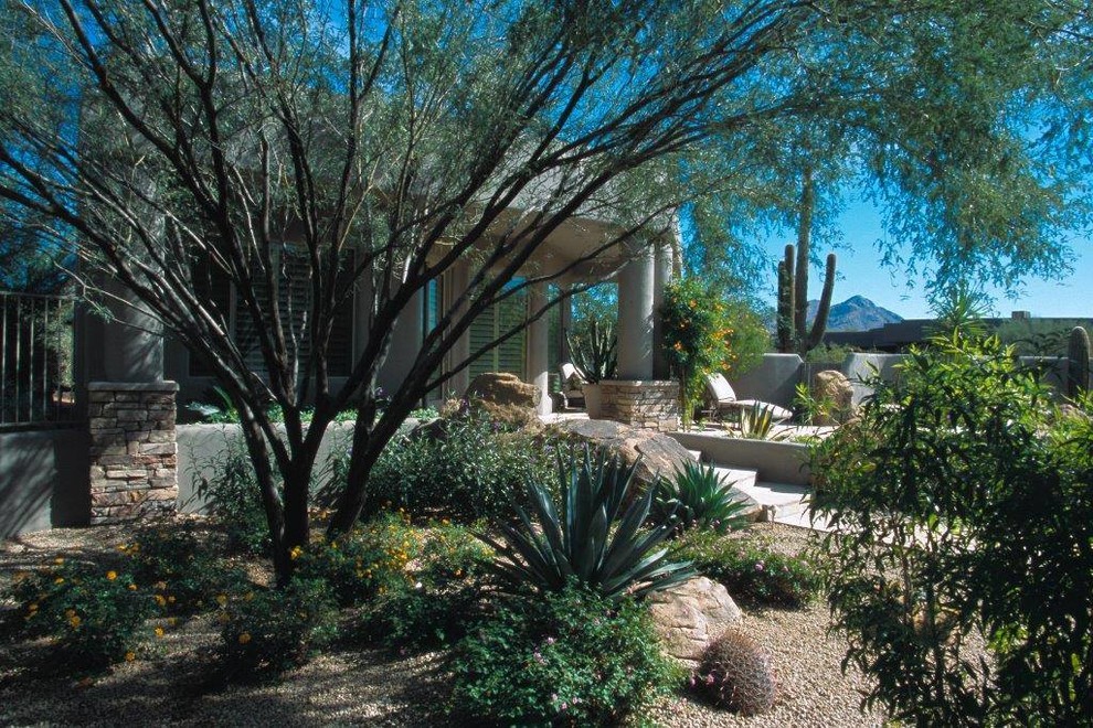 Свежая идея для дизайна: участок и сад среднего размера на заднем дворе в стиле модернизм с полуденной тенью и мощением тротуарной плиткой - отличное фото интерьера