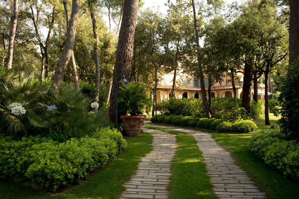 Foto di un ampio giardino formale minimal in ombra davanti casa in estate con pavimentazioni in pietra naturale