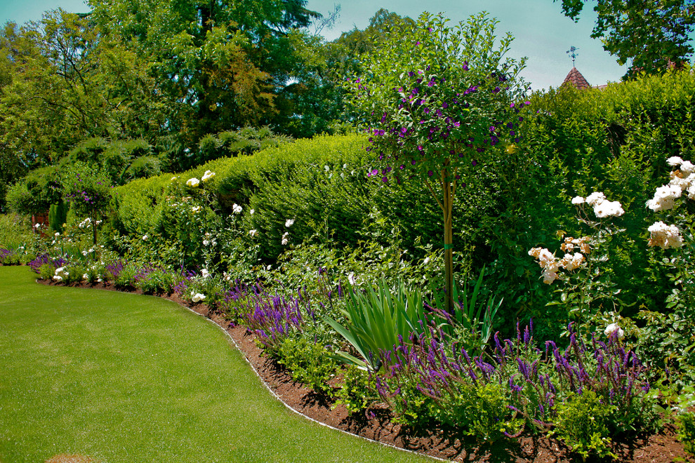 Foto di un giardino formale classico esposto in pieno sole dietro casa in primavera