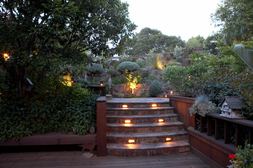 Großer Klassischer Garten mit direkter Sonneneinstrahlung und Natursteinplatten in San Francisco