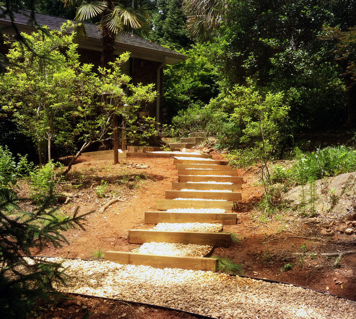 Design ideas for a rustic shade backyard gravel landscaping in Atlanta for spring.