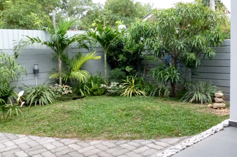 Idee per un piccolo giardino formale tropicale esposto in pieno sole davanti casa con un ingresso o sentiero e pavimentazioni in cemento