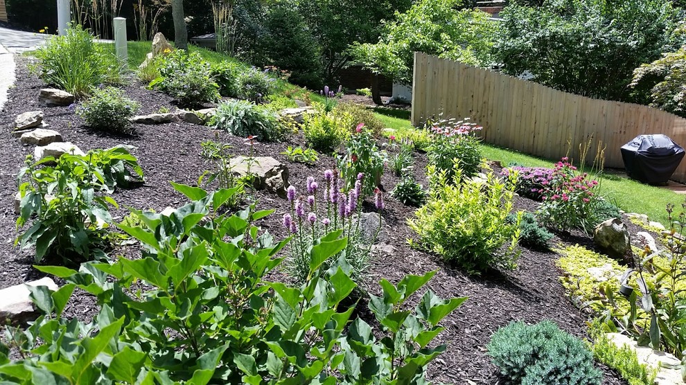 Immagine di un piccolo giardino xeriscape bohémian esposto in pieno sole davanti casa in primavera con pacciame