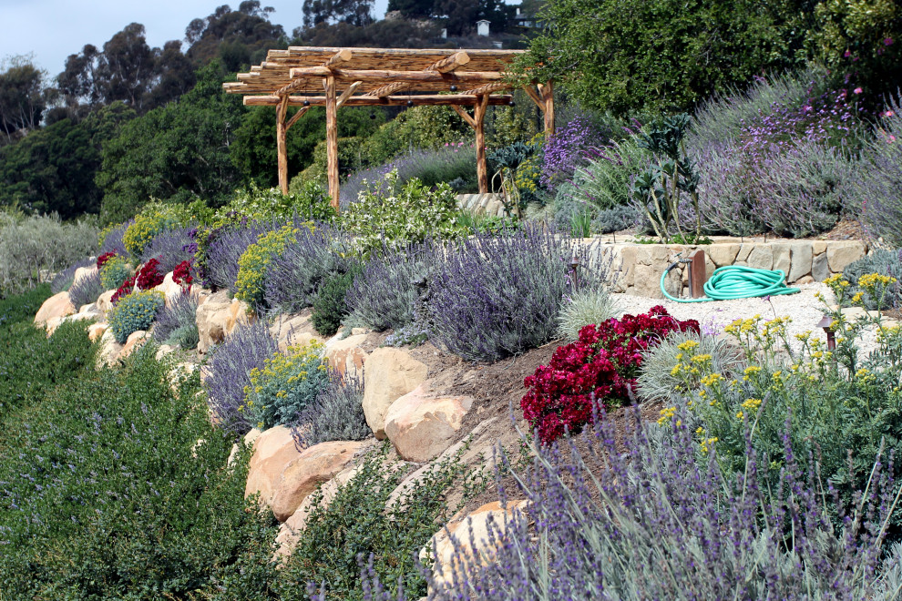 Idee per un grande giardino xeriscape mediterraneo esposto in pieno sole dietro casa in primavera con un muro di contenimento e ghiaia