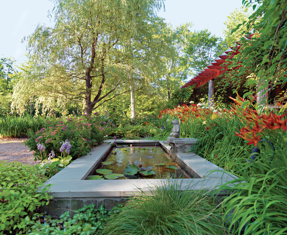 Design ideas for a traditional garden with a water feature.
