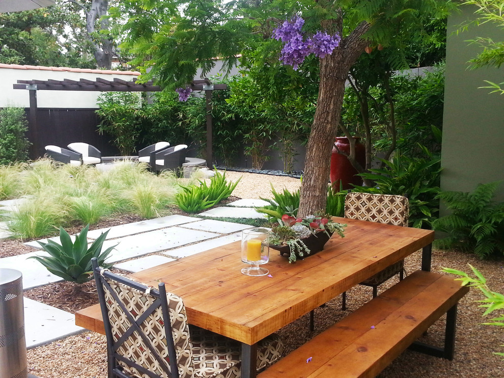 Ejemplo de jardín de secano de estilo zen de tamaño medio en verano en patio trasero con fuente, gravilla y exposición total al sol