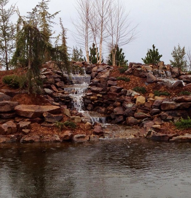 Large Pond with Several Waterfalls Traditional Garden Oklahoma