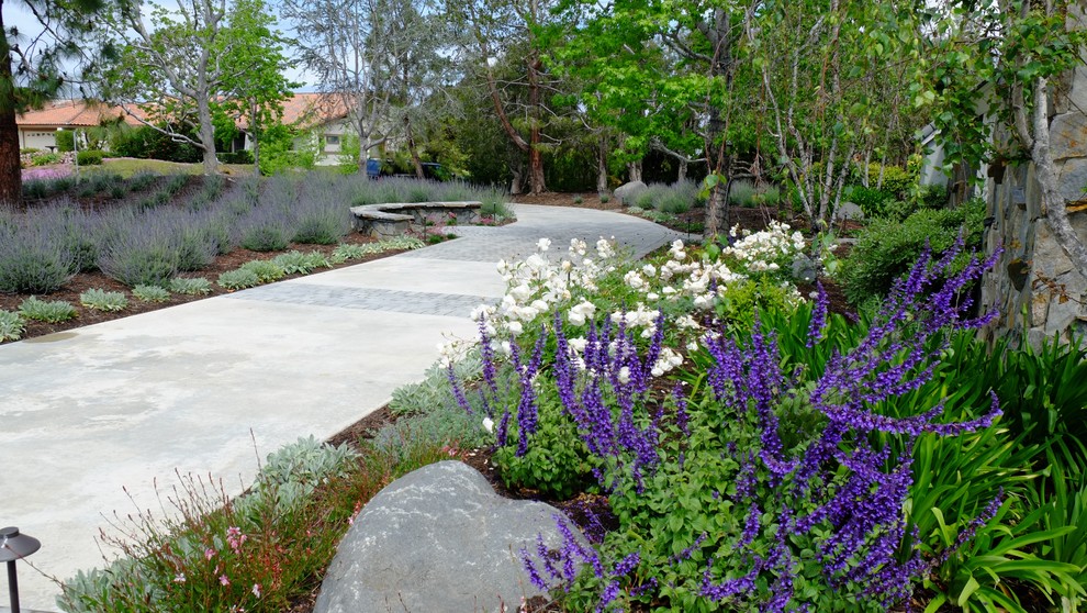Design ideas for an expansive classic front driveway full sun garden in San Diego with a garden path and concrete paving.