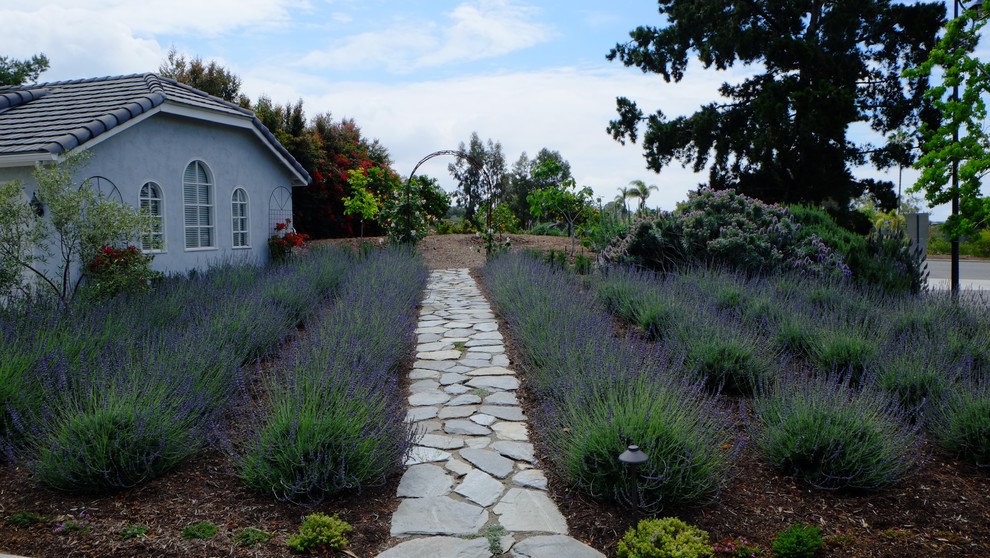 Ispirazione per un ampio giardino formale esposto in pieno sole davanti casa in estate con un ingresso o sentiero e pavimentazioni in pietra naturale
