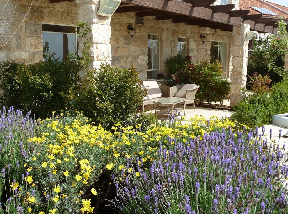 На фото: солнечный участок и сад на заднем дворе в средиземноморском стиле с хорошей освещенностью с