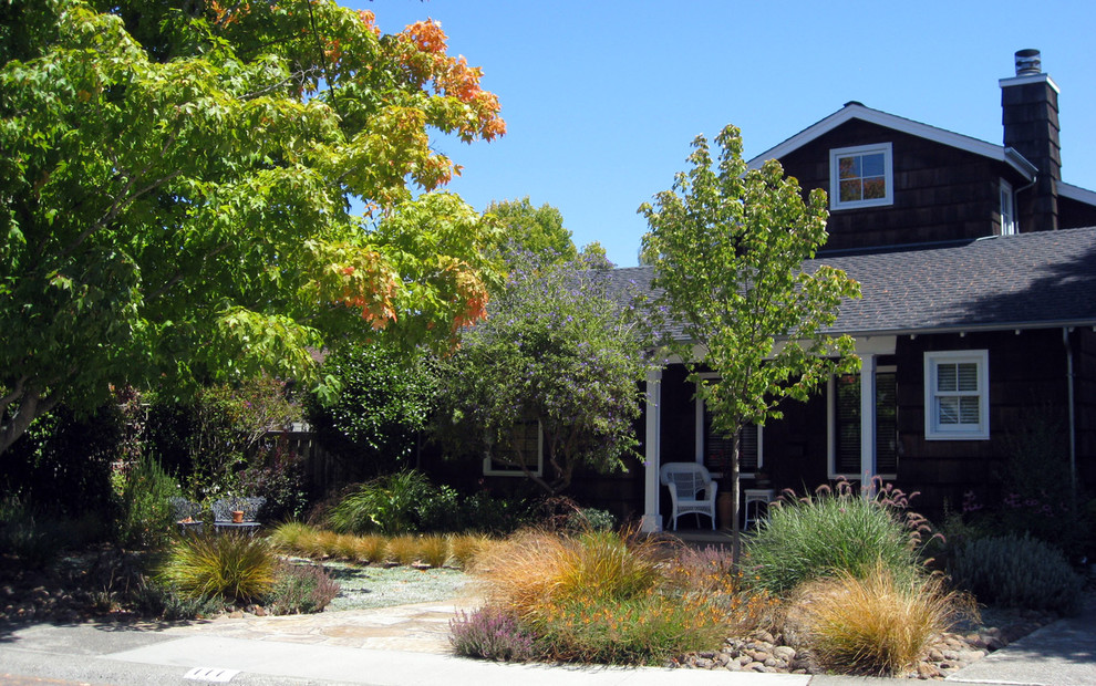 This is an example of a medium sized mediterranean front xeriscape partial sun garden for spring in San Francisco with natural stone paving and a garden path.